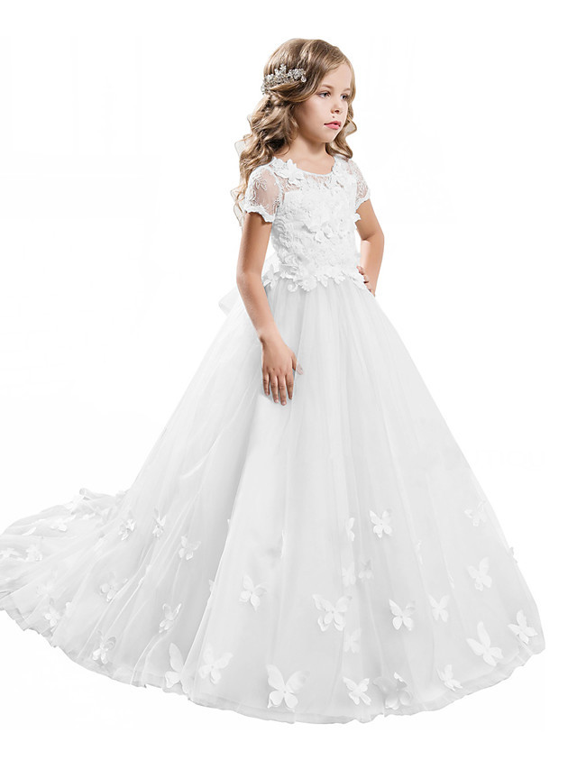 Long A-line Tulle Jewel Neck Appliques Lace Flower Girl Dresses with Sleeves