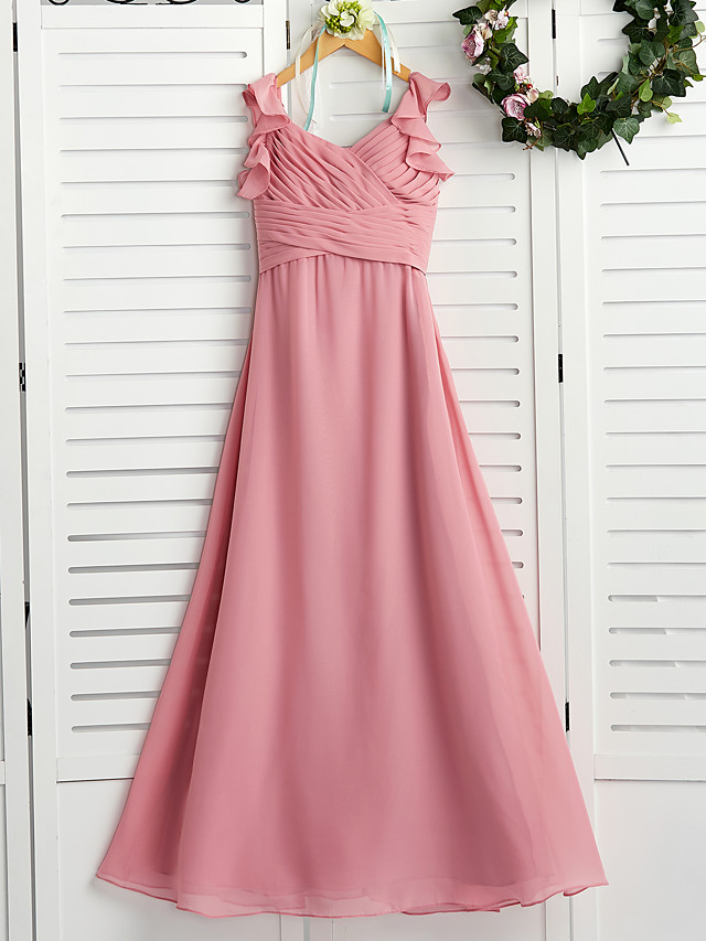A-Line Boat Neck Maxi Chiffon Junior Bridesmaid Dress With Cascading Ruffles / Ruching