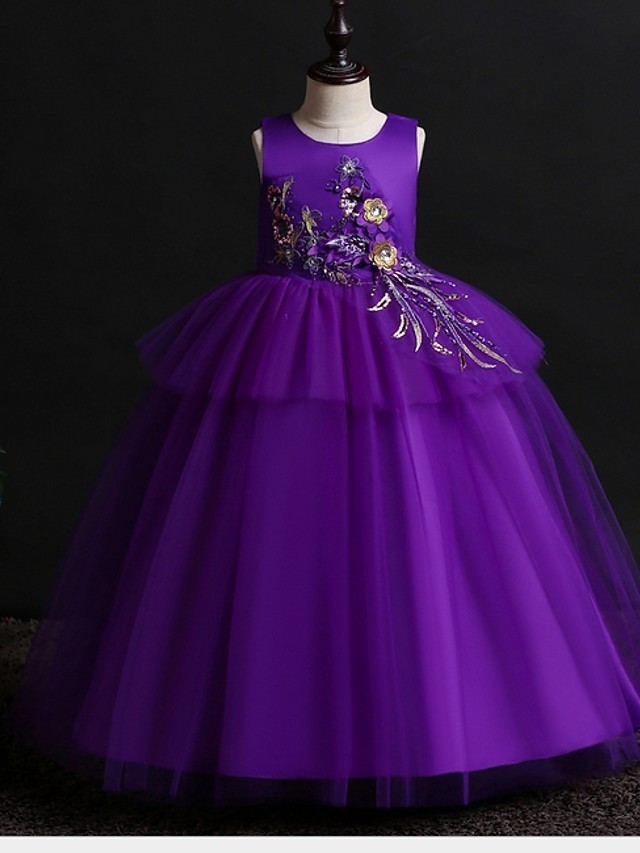 Princess / Ball Gown Floor Length Wedding / Party Flower Girl Dresses - Satin / Tulle Sleeveless Jewel Neck With Bow(S) / Appliques