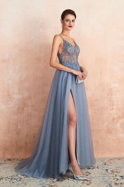 Best V-neck Tulle A-line Prom Dress