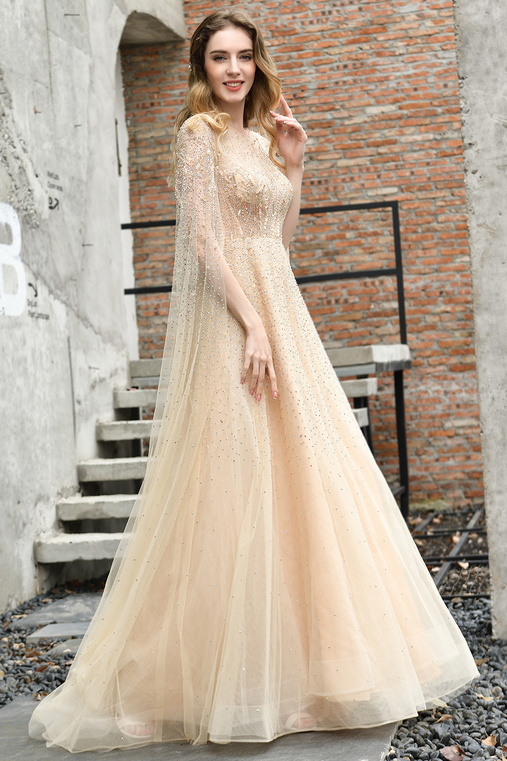 Luxury Shawl Sequined A-line Long Prom Dress