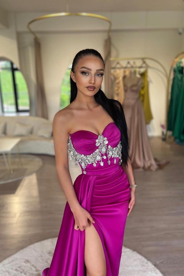 Rhinestones Appliques Lace Sweetheart Satin Slit Satin Prom Dress