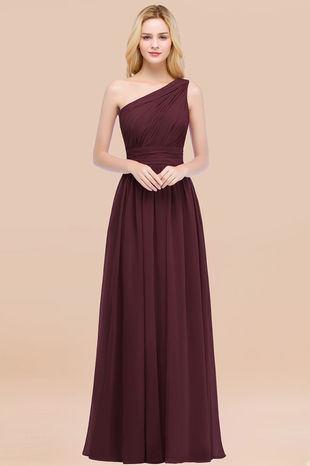 Elegant A-Line Chiffon One-Shoulder Sleeveless Ruffles Floor-Length Bridesmaid Dresses