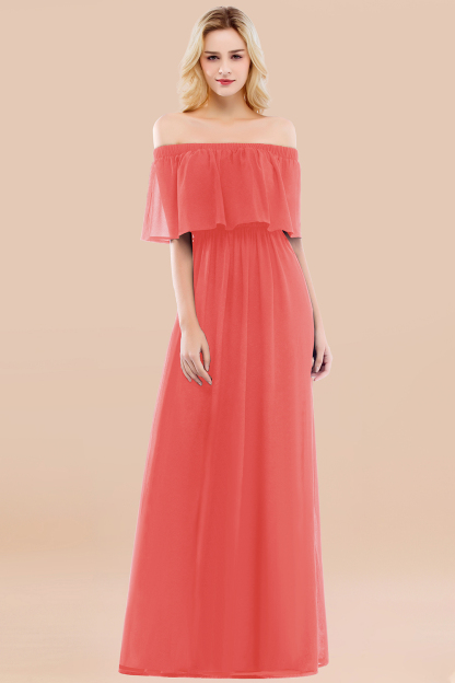 A-line Chiffon Off-the-Shoulder Short-Sleeves Ruffles Floor-length Bridesmaid Dress