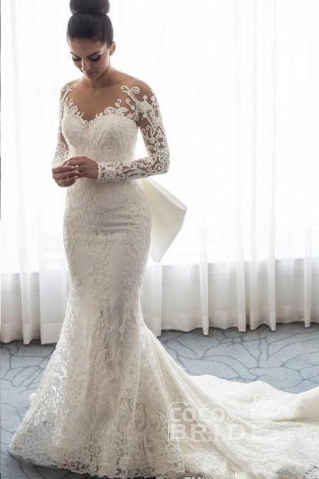 Gorgeous Long Sleeves Lace Tulle Mermaid Wedding Dress with Bowknot