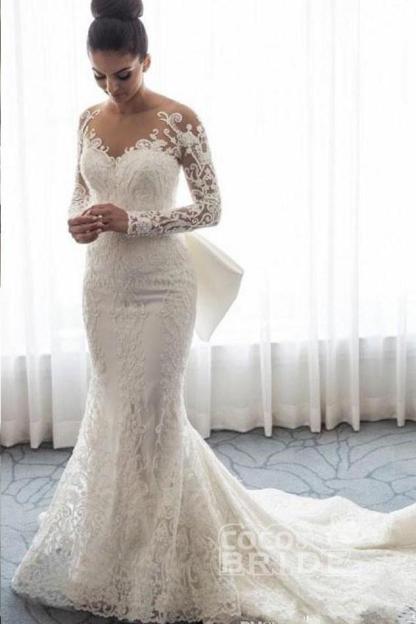 Gorgeous Long Sleeves Lace Tulle Mermaid Wedding Dress with Bowknot