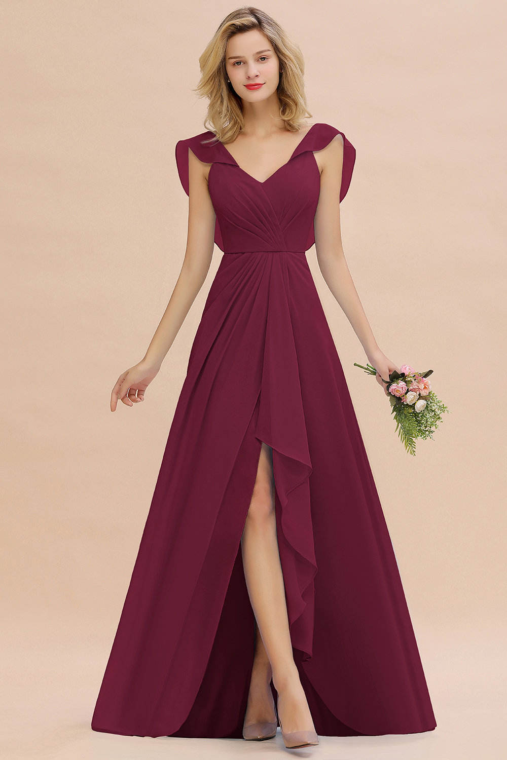 BM0777 Simple Hi-Lo V-Neck Ruffles Long Bridesmaid Dress