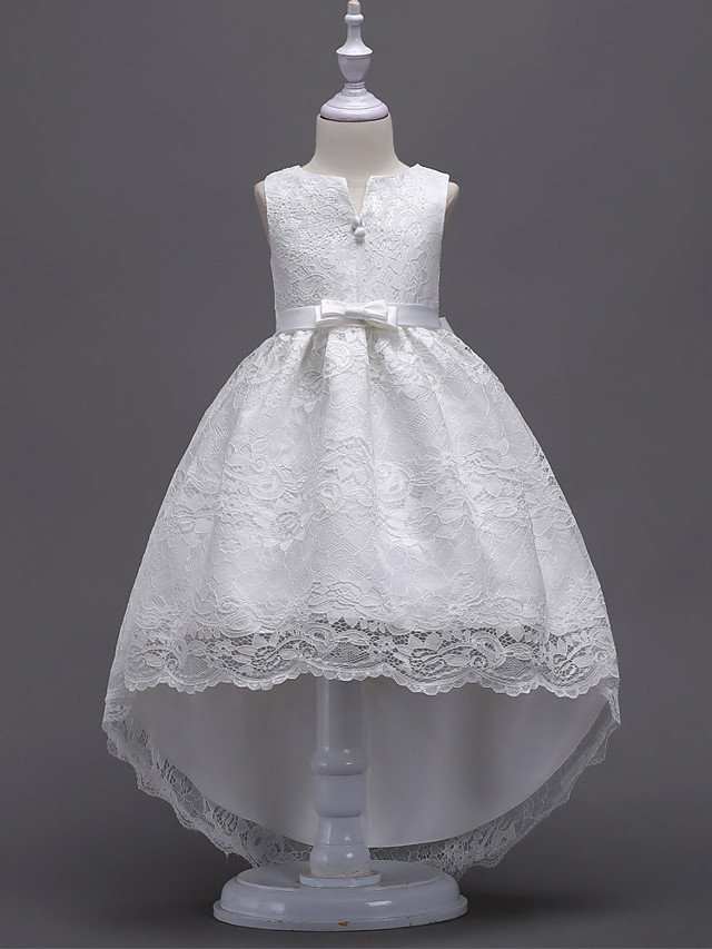 Princess Asymmetrical Wedding / First Communion Flower Girl Dresses - Lace / Satin / Tulle Sleeveless V Wire With Lace / Belt / Bow(S)