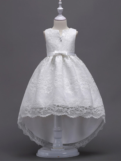 Princess Asymmetrical Wedding / First Communion Flower Girl Dresses - Lace / Satin / Tulle Sleeveless V Wire With Lace / Belt / Bow(S)