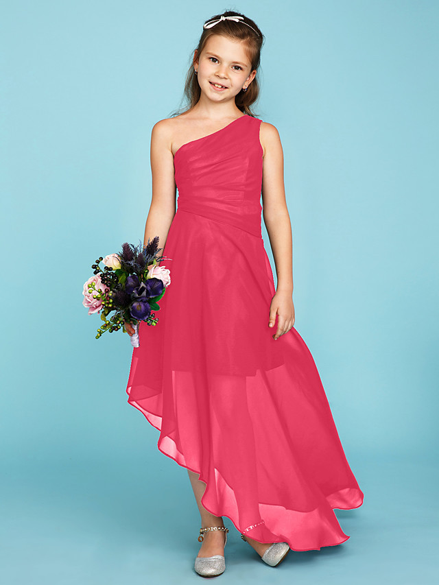 A-Line One Shoulder Asymmetrical Chiffon Junior Bridesmaid Dress With Side Draping / Wedding Party