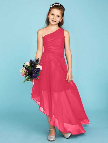 A-Line One Shoulder Asymmetrical Chiffon Junior Bridesmaid Dress With Side Draping / Wedding Party