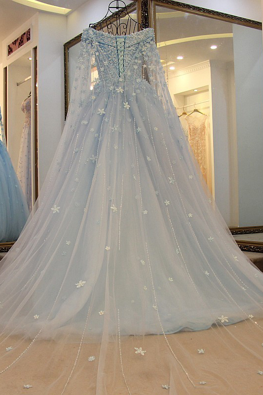 Pretty Off-the-shoulder Tulle Long Sleeves Beading Flower Ball Gown Prom Dress