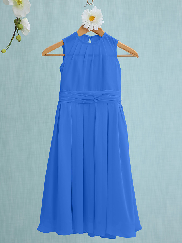 Sky Blue Long A-line Jewel Neck Knee Length Chiffon Junior Bridesmaid Dress