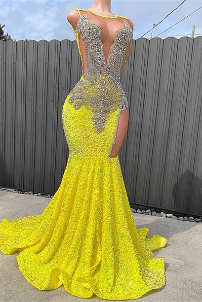 Yellow Long One Shoulder V-Neck Sequin Beaded Mermaid Prom Dress