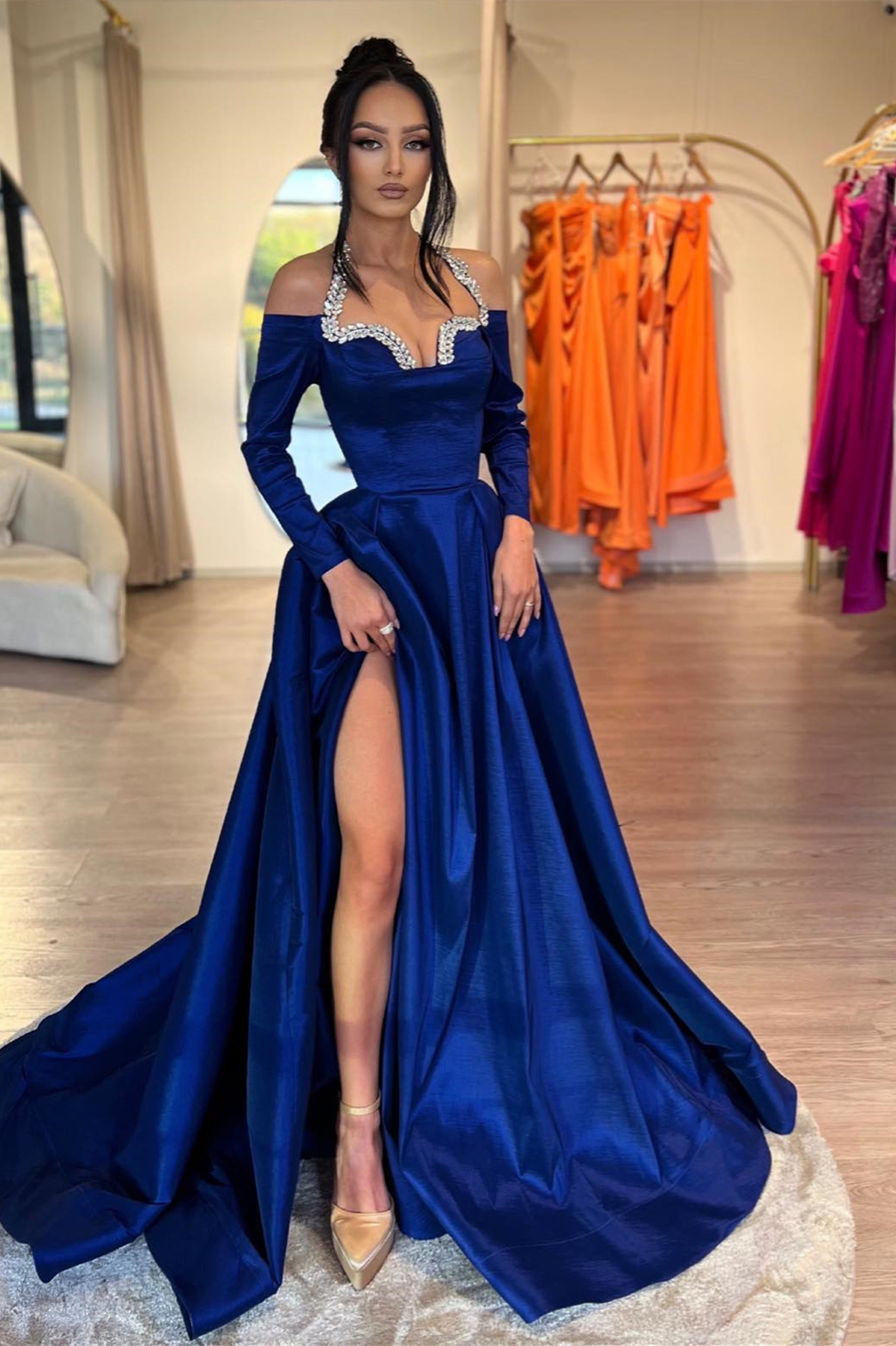 Halter Off The Shoulder Long Sleeves A-Line Prom Dress with Slit