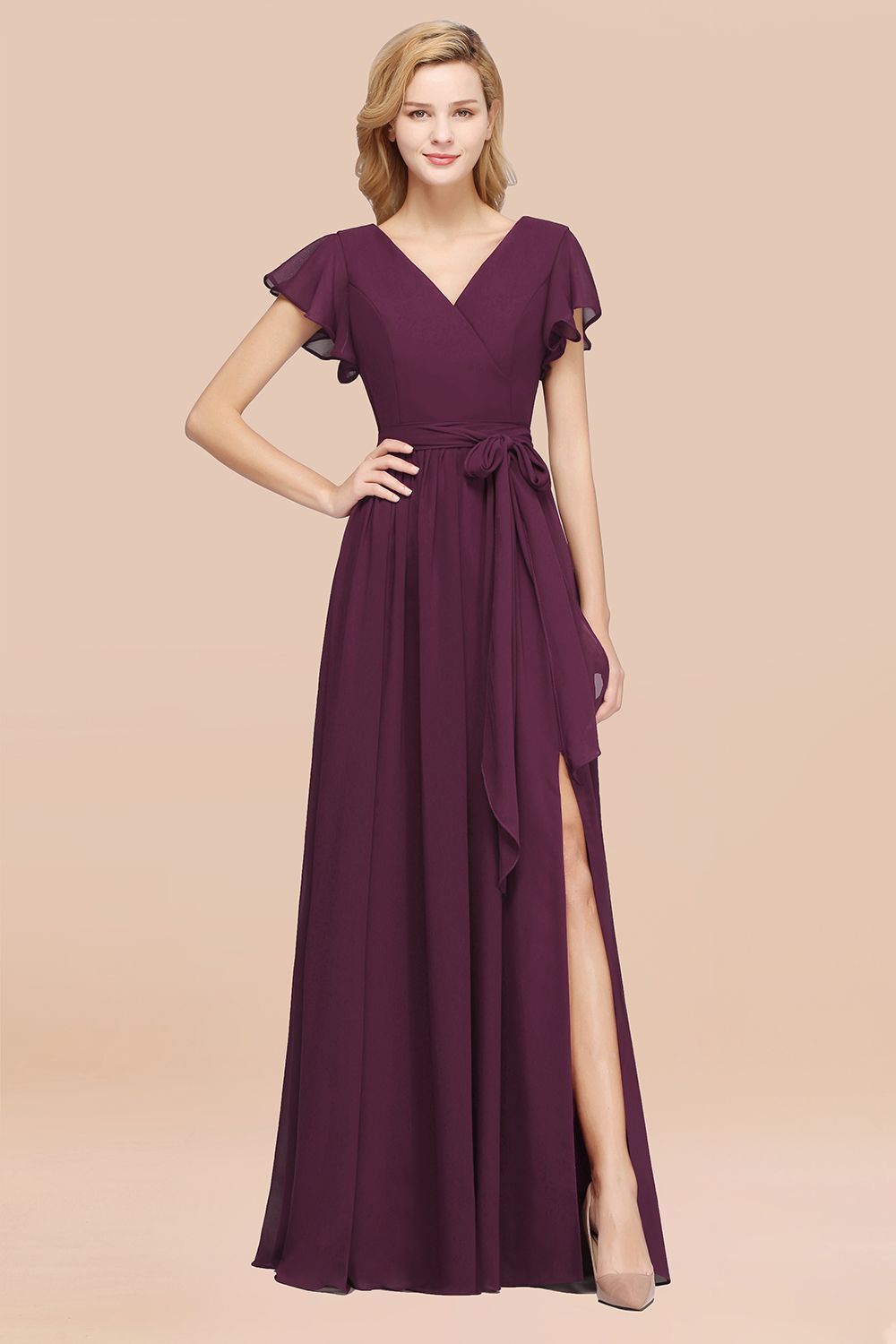 elegant A-line Chiffon V-Neck Short-Sleeves Floor-Length Bridesmaid Dresses with Bow Sash
