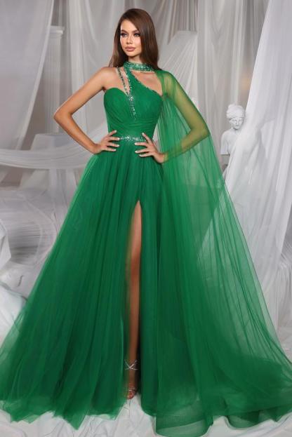 Green Ball Gown One Shoulder Tulle Long Beading Prom Dresses with Split