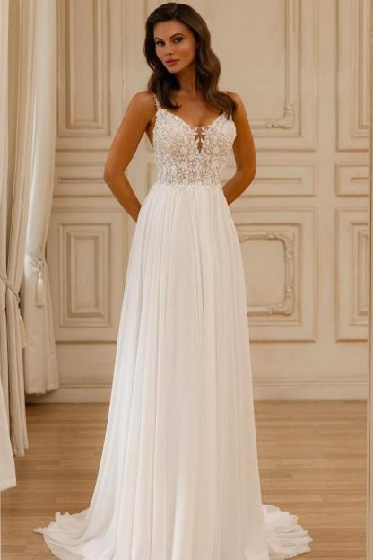 Beautiful Long A-line V-Neck Spaghetti Straps Sleeveless Lace Chiffon Wedding Dresses