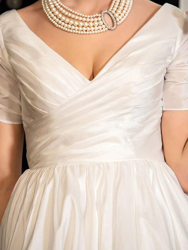 Short A-Line V Neck Tea Length Taffeta Wedding Dresses with Short Sleeve