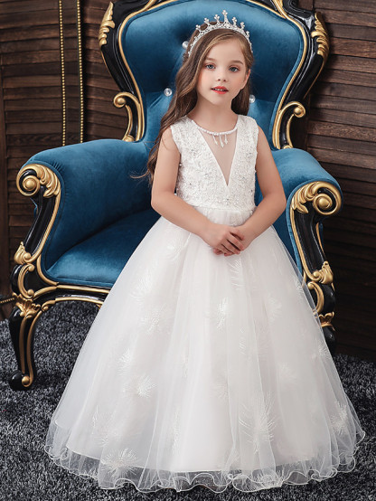 A-Line Medium Length Wedding / Party / First Communion Flower Girl Dresses - Tulle / Matte Satin / Poly&Cotton Blend Sleeveless Jewel Neck With Lace / Beading / Solid