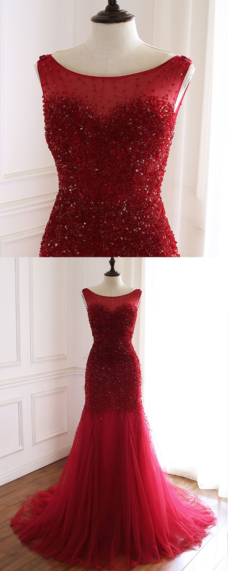 Burgundy Tulle Open Back Beaded Long Mermaid Prom Dress
