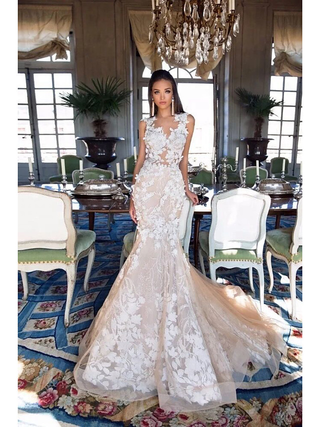 Long Mermaid Jewel Neck Chapel Train Lace Tulle Illusion Detail Backless Wedding Dresses