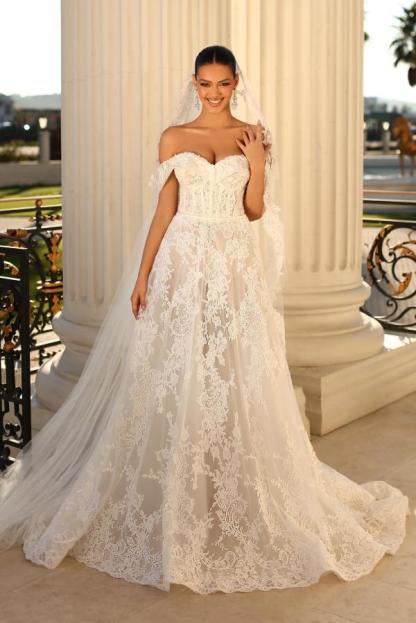 Beautiful Ivory Long A-line Off the Shoulder Tulle Lace Wedding Dresses