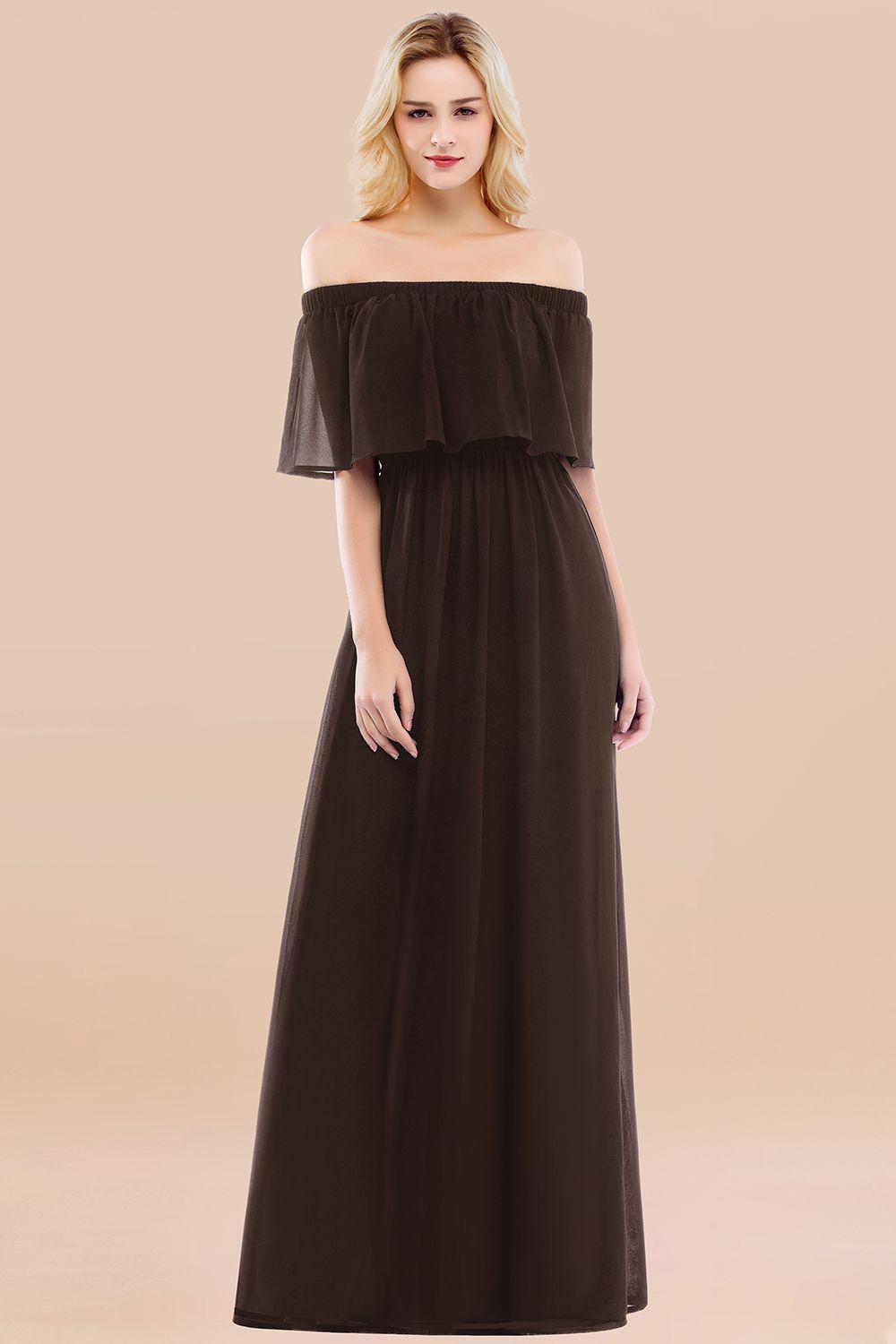 A-line Chiffon Off-the-Shoulder Short-Sleeves Ruffles Floor-length Bridesmaid Dress