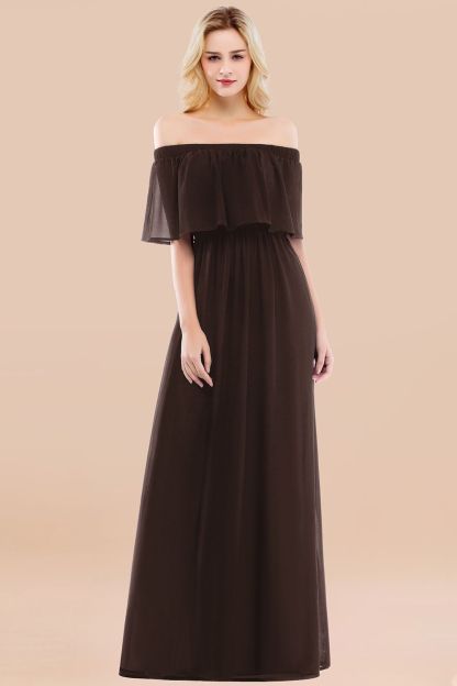 A-line Chiffon Off-the-Shoulder Short-Sleeves Ruffles Floor-length Bridesmaid Dress