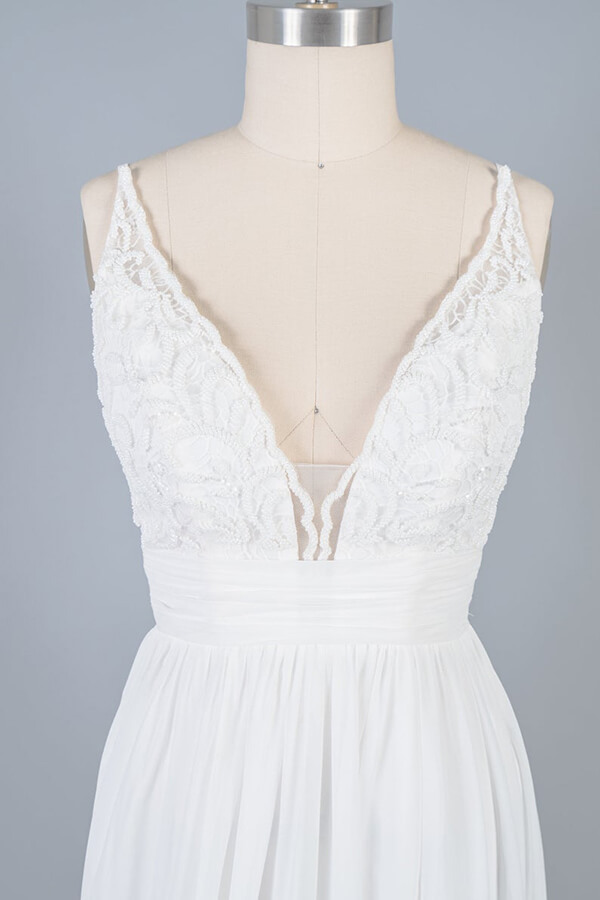 Long V-neck Front Slit Lace Chiffon Sheath Wedding Dress