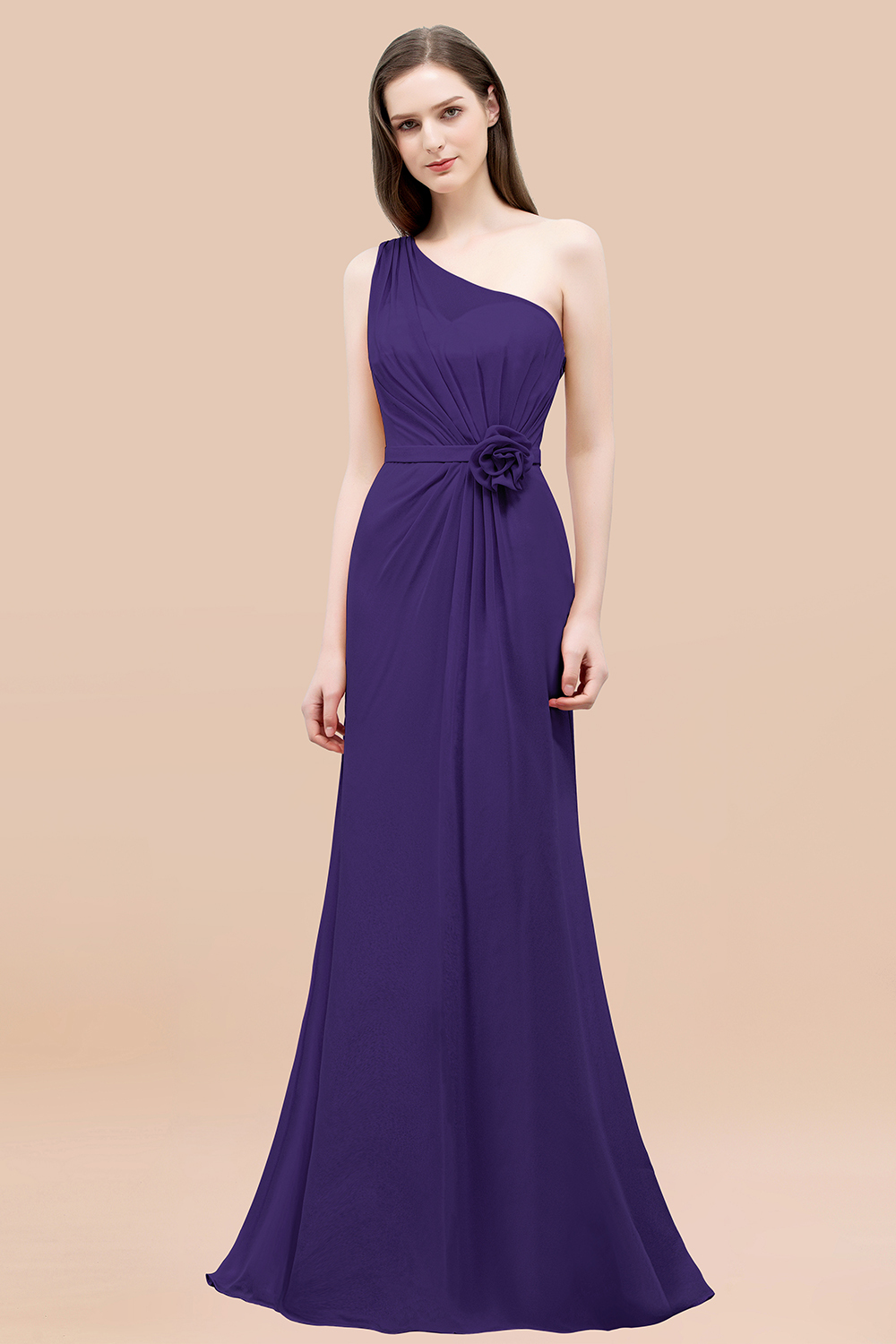 Mermaid Chiffon One-shoulder Sleeveless Ruffled Floor-Length Bridesmaid Dresses with Flower