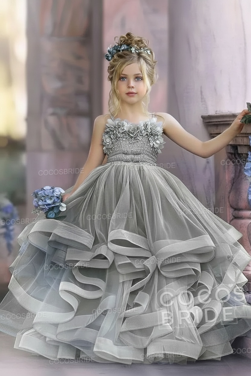 Cute Dusty Blue Long Spaghetti Straps Strapless Tulle Princess