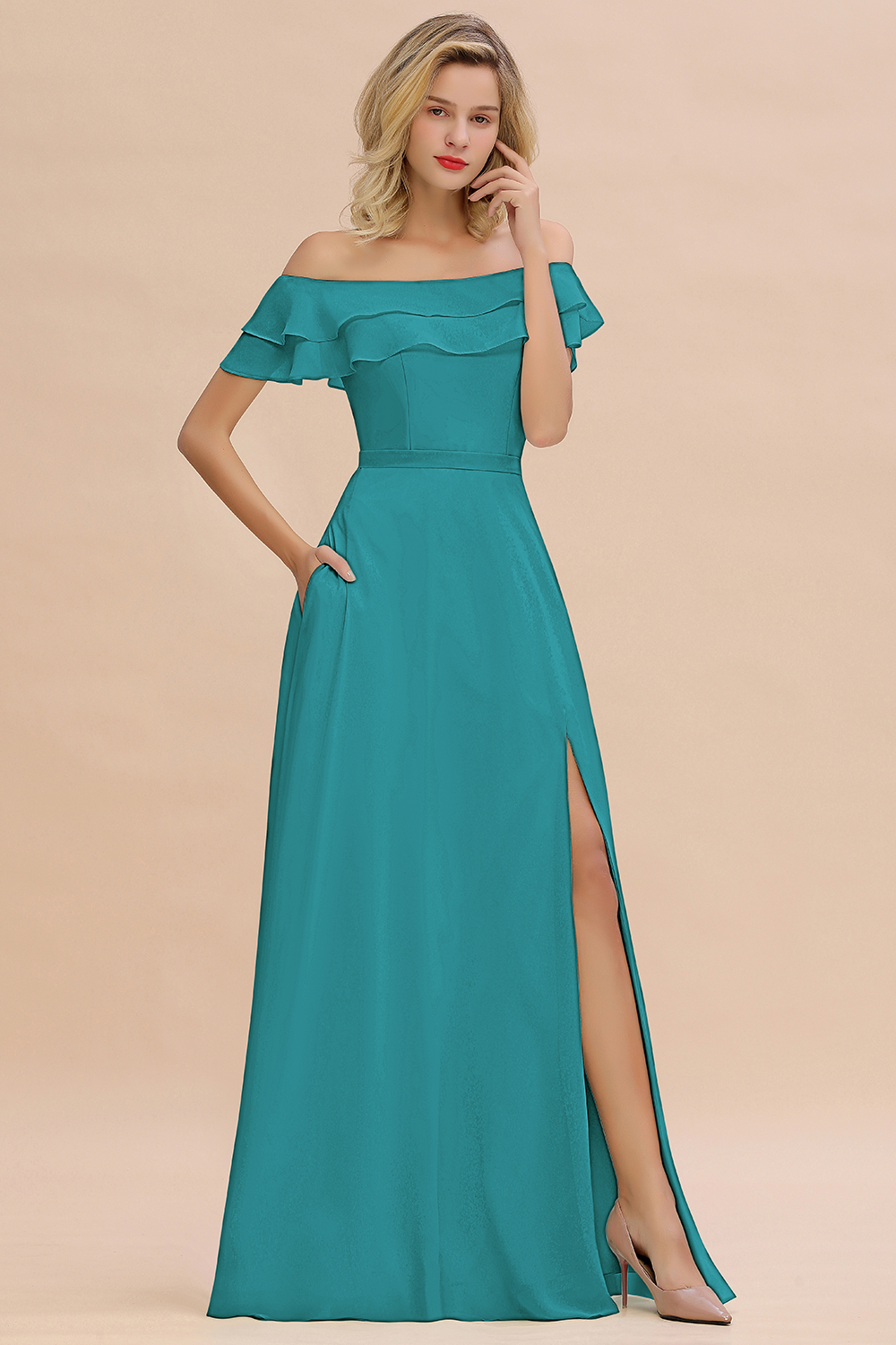 Off-the-Shoulder Front Slit Mint Green Long Bridesmaid Dress