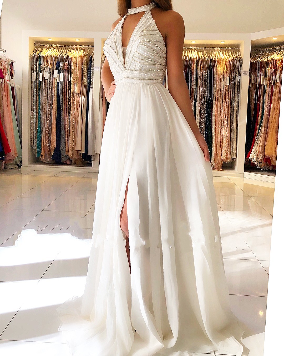 Vintage Halter Beading Keyhole Backless A-Line Prom Dress With Side Slit