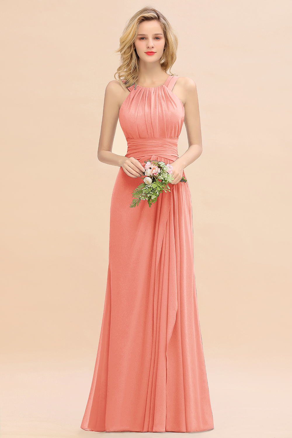 Long A-line Halter Chiffon Backless Floor-length Bridesmaid Dresses