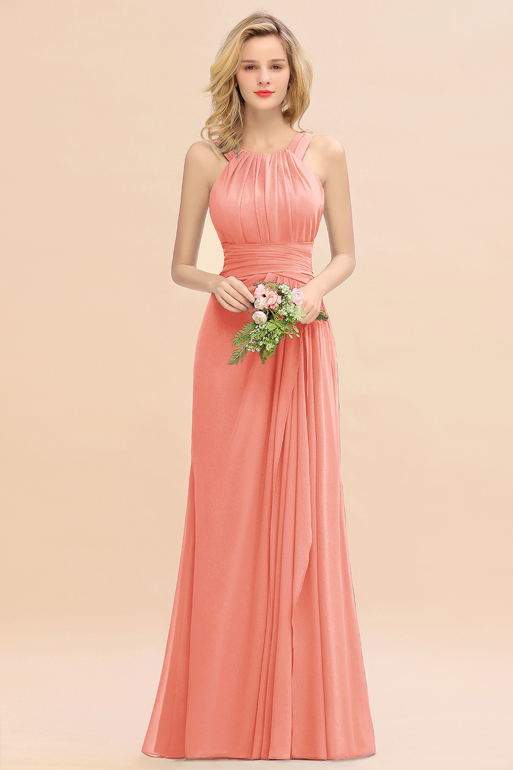 Long A-line Halter Chiffon Backless Floor-length Bridesmaid Dresses