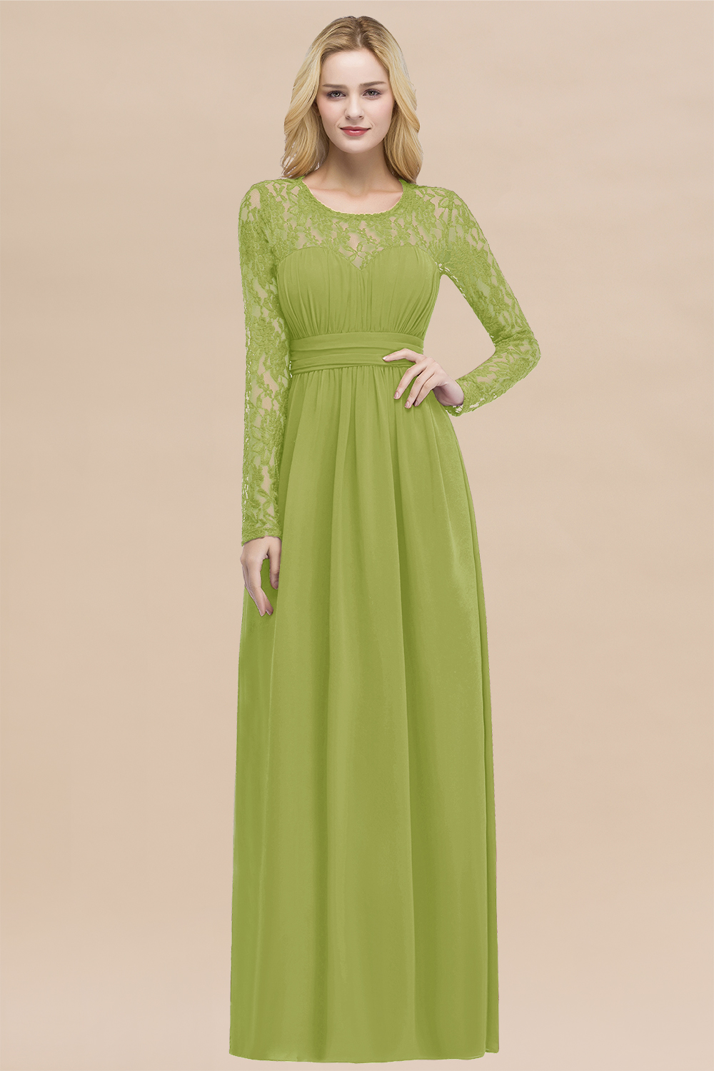 Elegant A-Line Chiffon Jewel Long Sleeves Ruffles Floor-Length Bridesmaid Dresses