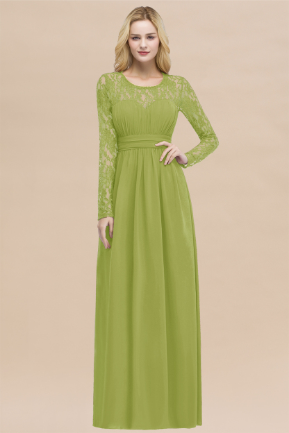 Elegant A-Line Chiffon Jewel Long Sleeves Ruffles Floor-Length Bridesmaid Dresses