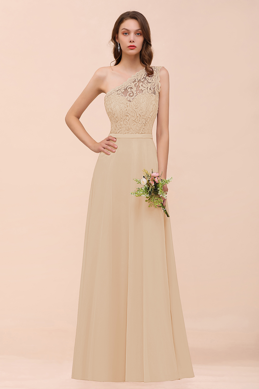 Classy One Shoulder Appliques Lace Floor-length A-Line Chiffon Bridesmaid Dress