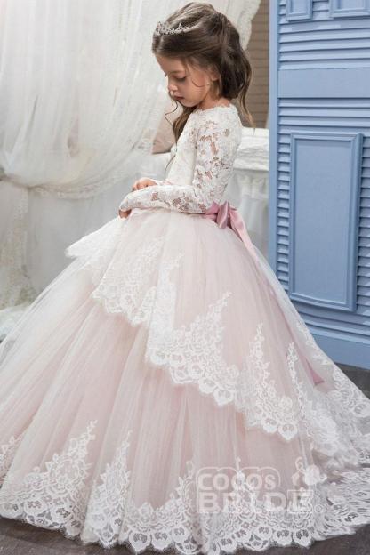 Purple Scoop Neck Long Sleeves Ball Gown Flower Girls Dress