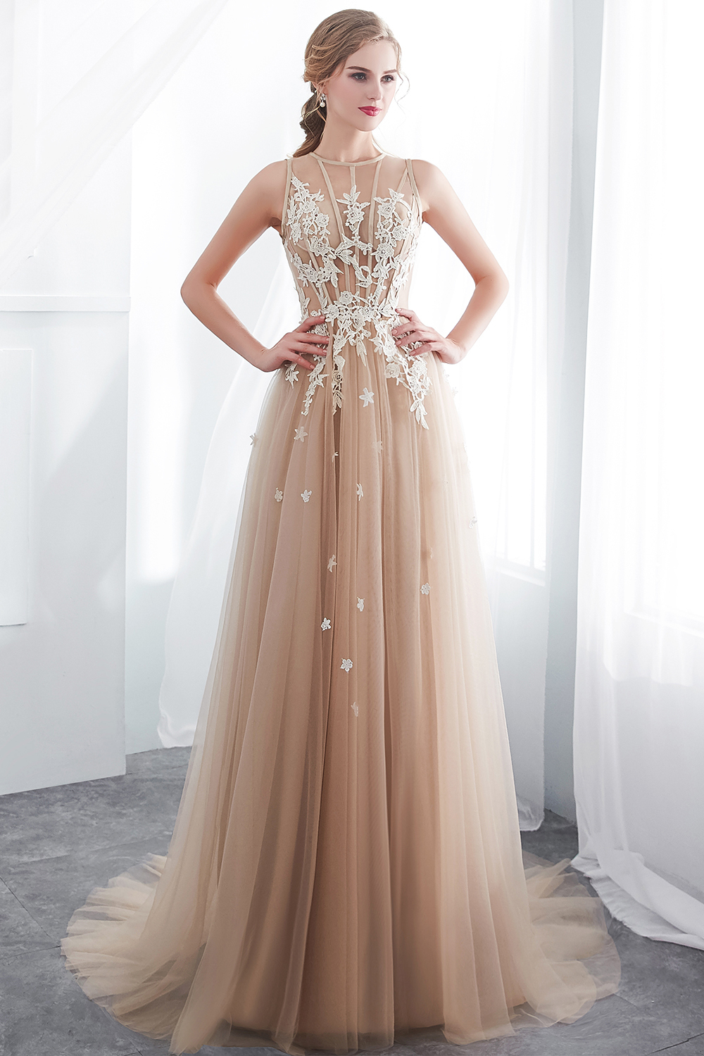 Long A-line Sleeveless Appliqued Lace Tulle Floor Length Evening Dresses