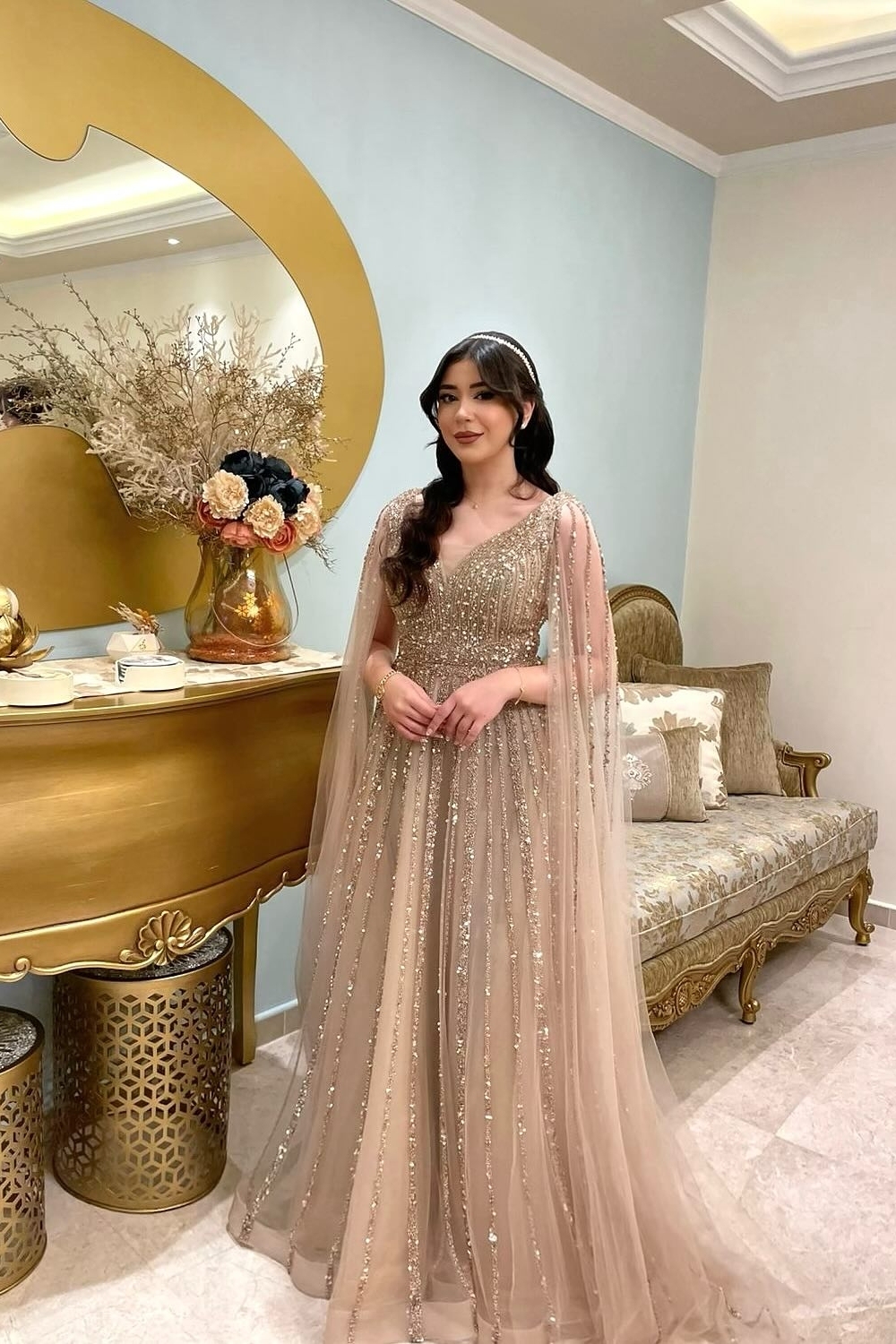 Champagne V-Neck Long Sleeve A-Line Sequined Tulle Prom Dress