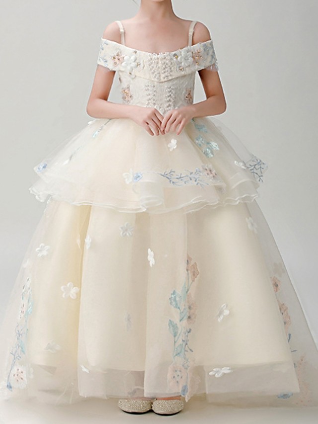 Ball Gown Sweep / Brush Train Pageant Flower Girl Dresses - Polyester Short Sleeve Spaghetti Strap With Appliques