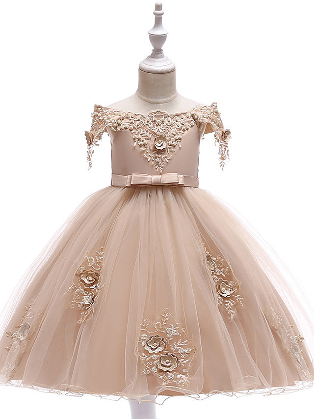 Princess Above Knee Wedding / Party / Pageant Flower Girl Dresses - Satin / Tulle Short Sleeve Off Shoulder With Lace / Beading / Appliques