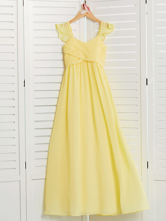 A-Line Square Neck Floor Length Chiffon Junior Bridesmaid Dress With Ruffles / Ruching