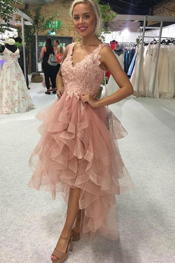 Elegant A-line V-neck Backless Appliques Lace Cascading Ruffles Tulle High Low Prom Dress