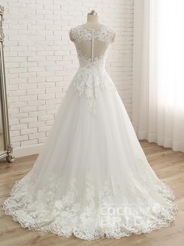 Elegant Long A-line V-Neck Lace Tulle Lace Wedding Dresses