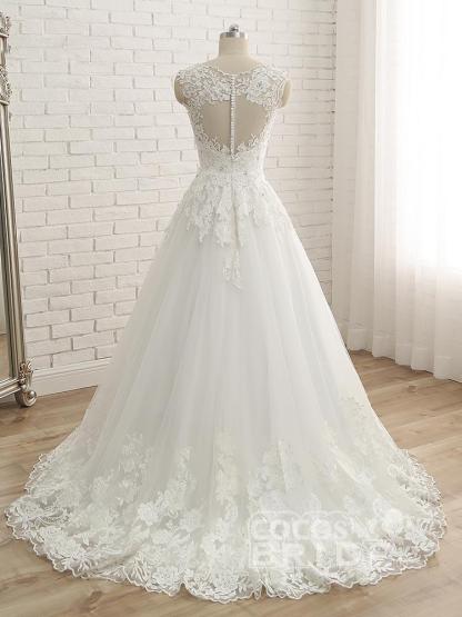 Elegant Long A-line V-Neck Lace Tulle Lace Wedding Dresses