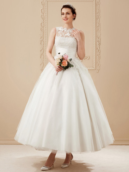 Short A-Line Satin Lace Ankle Length Vintage Wedding Dresses