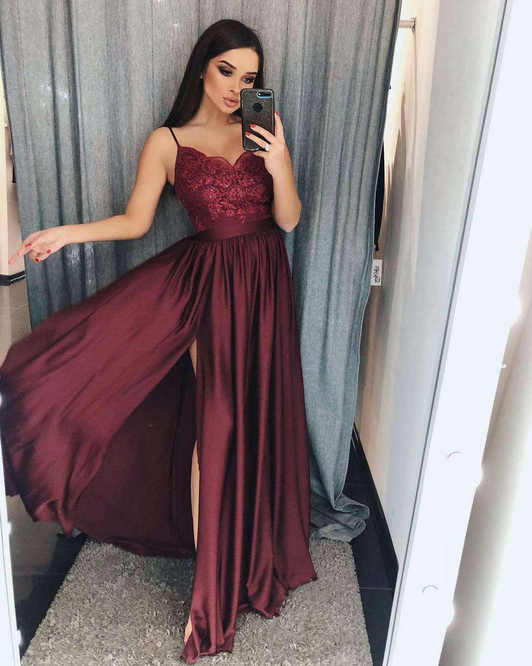 Chic Spaghetti Straps Beading A-Line Ruffles Floor-length Prom Dress With Side Slit